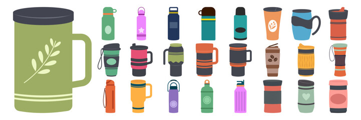 Reusable cups, thermos mugs, and tumblers with cover. Different designs of thermos for takeaway coffee. Set of thermo mugs vector illustrations in flat and cartoon style