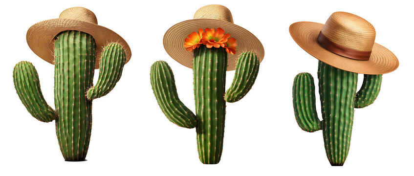 Conjunto de cactos usando chap&eacute;u de palha. Cactos juninos/ nordestinos de chap&eacute;u de palha isolados em fundo transparente.