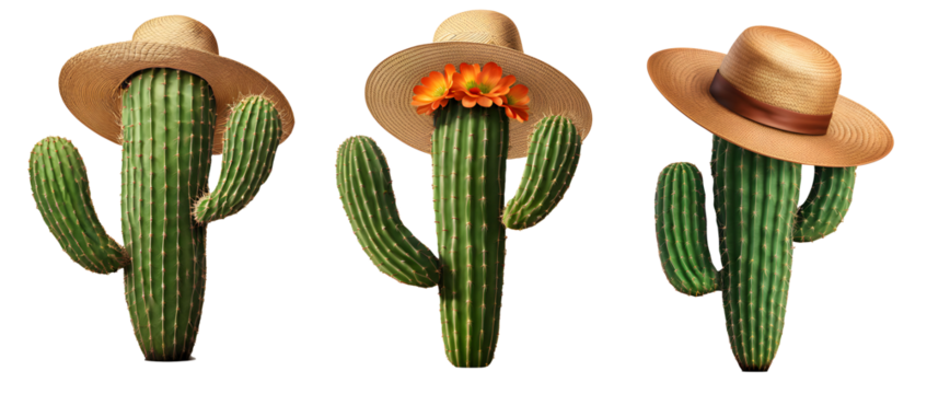Conjunto de cactos usando chapéu de palha. Cactos juninos/ nordestinos de chapéu de palha isolados em fundo transparente.
