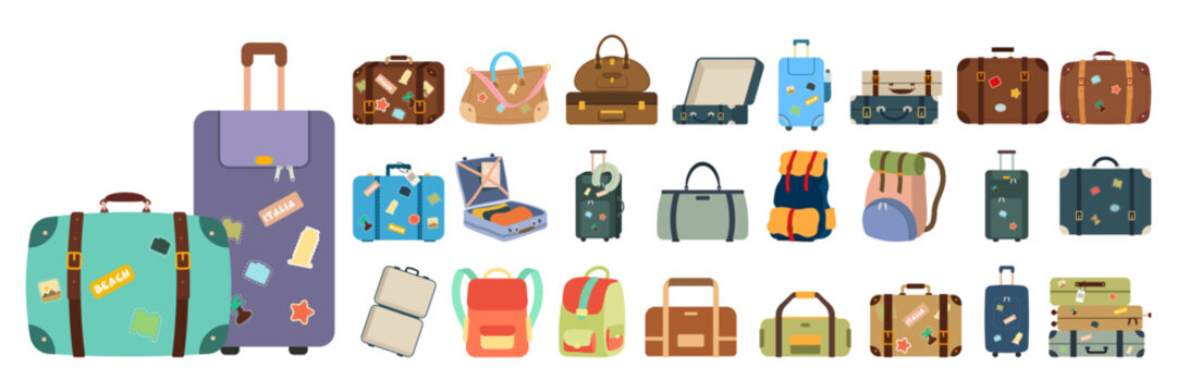 Summer travel vacation Icons luggage. Flat style. Suitcases and backpacks. Vector illustration.