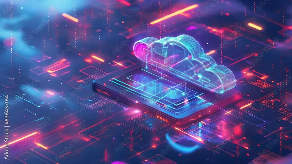 Poster an illustration of a cloud forming over an electronic circuit board, with wires and components visib