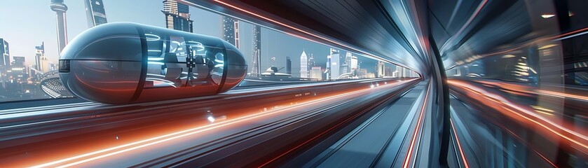 hyperloop transportation in the city a red train speeds past a tall building, with a glass window in the background