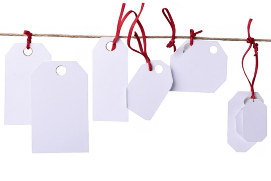 A set of white blank tags tied with red strings, hanging on a horizontal line, transparent, on a white background in png format