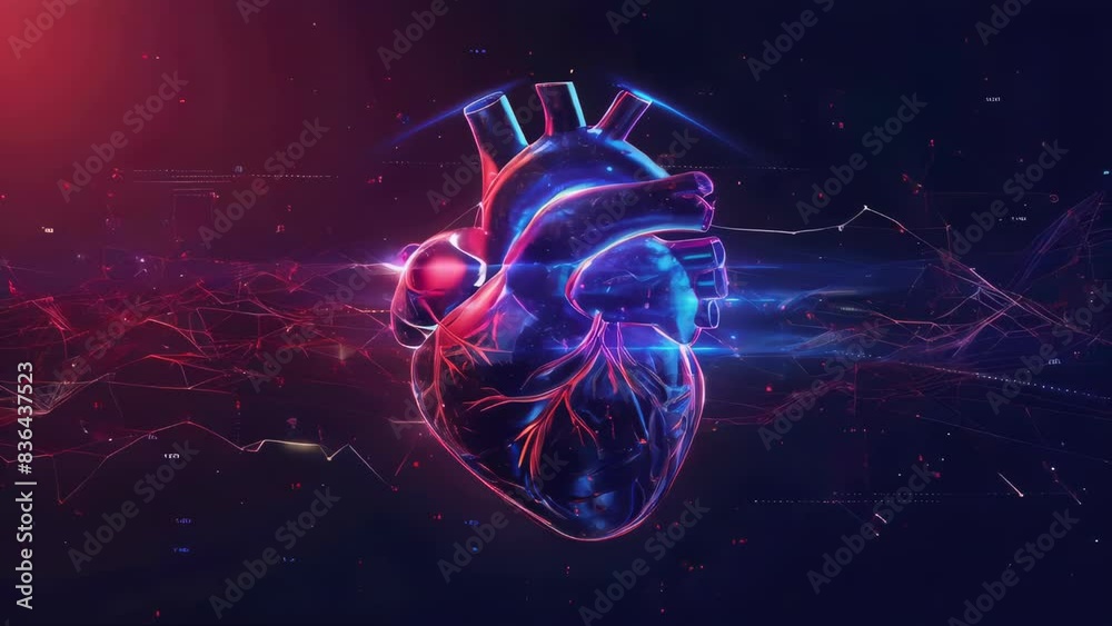 Poster A close-up of a human heart with glowing lines and dots surrounding it.