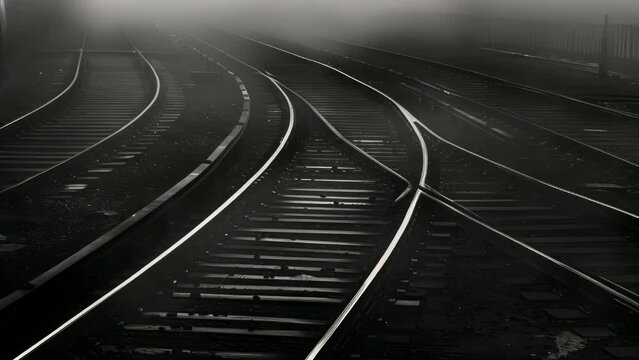 Abandoned train tracks in black and white.
