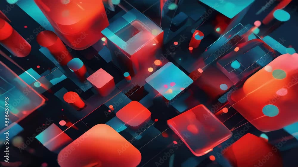 Poster A cluster of red and blue cubes suspended in mid-air, creating a visually striking scene.
