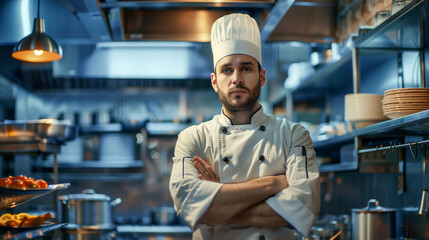  In the professional kitchen, a portrait captures the chef in their element, exuding confidence and expertise amidst the culinary hustle and bustle.