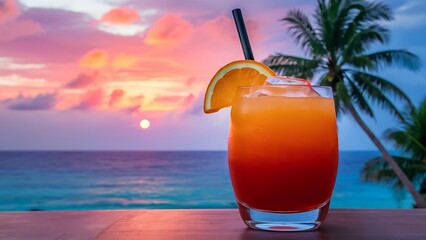 Tequilla sunrise cocktail on background with blue sea and sunrise sky tropical background