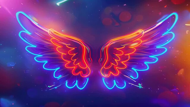 Colorful neon angel wings on a dark background.