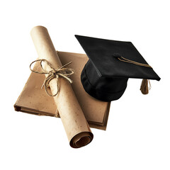 Graduation cap and diploma rolled with ribbon, white background and transparent background