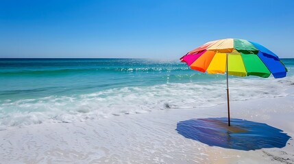 colorful beach umbrella on sandy shore with sparkling ocean waves under clear blue sky