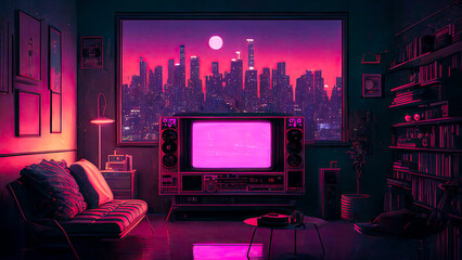 Vintage Room: Graphic Art in Retro Style, Colorful Illustration Background