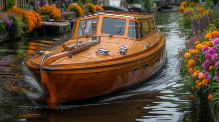 Obraz premium Amsterdam, Netherlands - June 12, 2018: Old-fashioned canal boat at Singel canal at flower market.