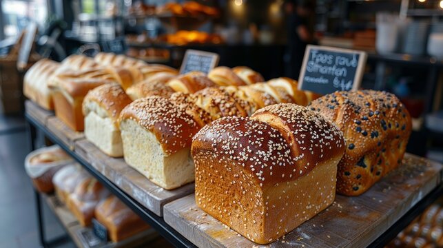 The Danish bakery in Amsterdam, The Netherlands - May 20, 2015: Loaves of fresh bread on display