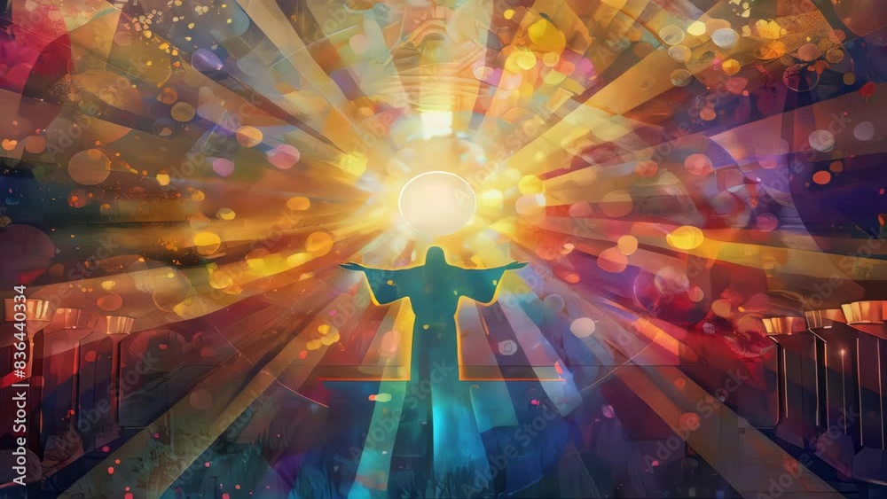 Poster A person standing in front of a bright light, suitable for use in science or technology themed illustrations.