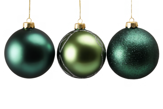 A trio of green gradient Christmas ornaments hanging on a transparent line with a white background, png