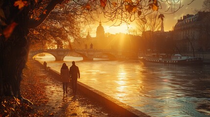 Fototapeta premium During the autumn sun, a couple walks by the Seine near Pont des Artes, a lovers bridge in Paris, France.