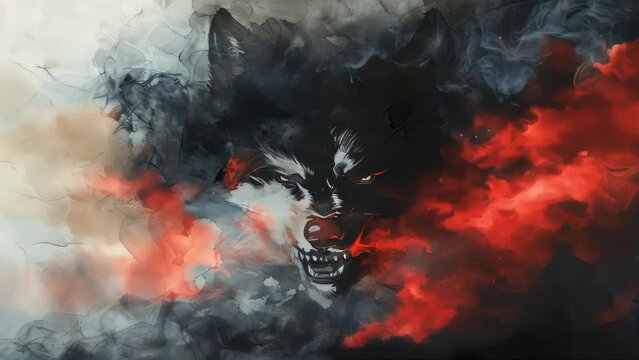 A wolf's face with red and black smoke emanating from its mouth, a mysterious and ominous scene.