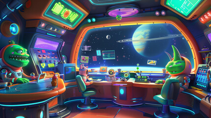 A dynamic scene depicting a group of intrepid monster astronauts on a space mission. Inside their quirky, brightly-colored spaceship, they operate various alien-looking controls and gadgets. The space