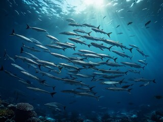 Ocean Encounter: Divers surrounded by a swirling school of massive barracuda in the Pacific Ocean - a breathtaking underwater spectacle. A mesmerizing dance unfolds as divers encounter . generative AI