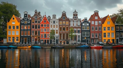 Fototapeta premium The canal neighborhood of Amsterdam, Netherlands, at sunset on May 22, 2018