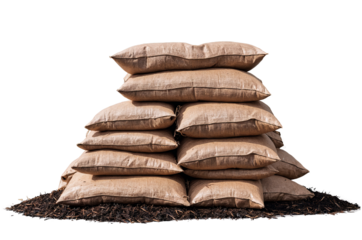 A stack of filled burlap sacks with tea leaves, perfect for png on a transparent, white background