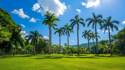 青い空を背景に高いヤシの木がある美しい緑豊かな熱帯公園
