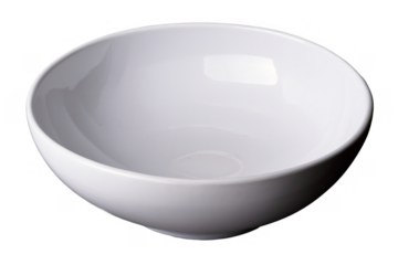 A single white ceramic bowl showcases its simple and clean design, on a transparent, white background, ideally saved as a png