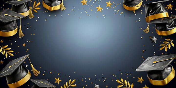 Graduation celebration background with academic caps, golden decorations and space for text in center - perfect for announcements and invitations