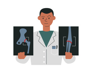 African american rheumatologis holding two examination results. Male doctor studying patient X-ray photo. Medical man character portrait design. Medic personage hand drawn flat vector illustration