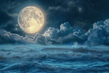 Full moon over peaceful sea - night sky with big blue moon rises above the calm sea among the clouds
