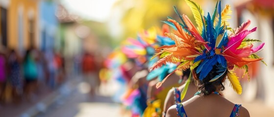A vibrant street parade with performers in traditional costumes, celebrating cultural heritage, vibrant colors, minimalist style on isolate background with space for text