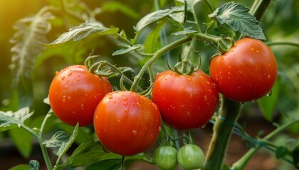 Organic home grown ripe tomatoes on green vine in greenhouse for autumn vegetable harvest on farm