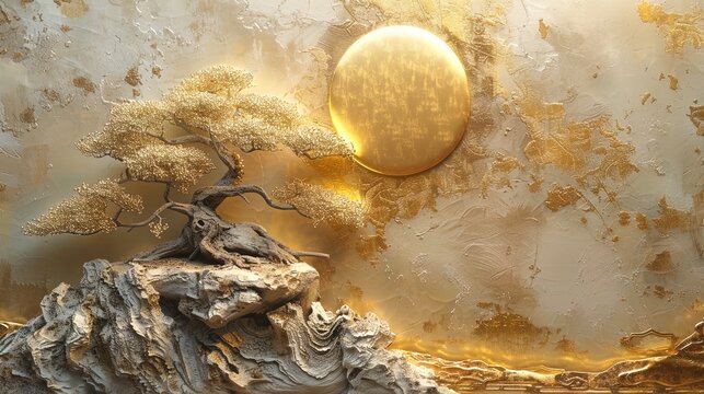 Volumetric stucco molding on a concrete wall with golden elements, Japanese landscape, waterfall, mountains, sakura.