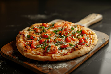 Freshly baked Pizza on a board with tomatoes