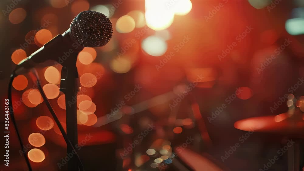Poster A single microphone on a stand in front of a stage, ready for use.