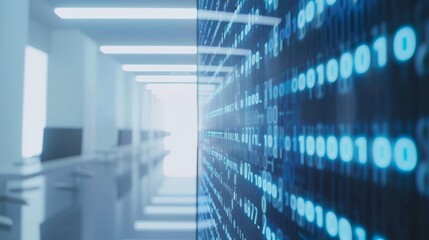 A long hallway with a lot of blue lights on it, AI