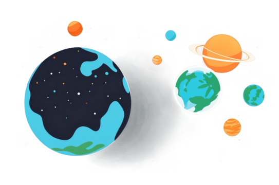 Colorful cartoon-style illustration of the solar system on a transparent white background, suitable for png, digital content
