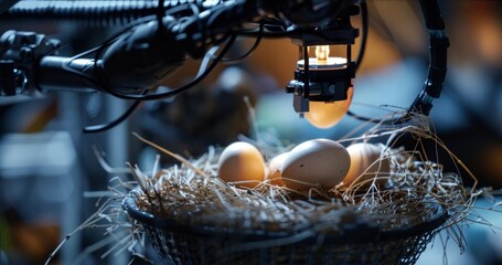 A robotic arm equipped with smart sensors carefully collecting eggs from each nest and placing them gently into a basket.