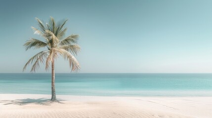 Obraz premium A Lone Palm Tree Stands Alone on a Beach in the Middle of the Ocean - Generative AI