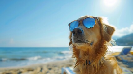 Laid-back pup donning shades, seaside backdrop, epitome of summer.
