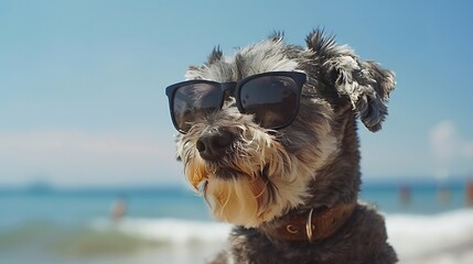 Laid-back pup donning shades, seaside backdrop, epitome of summer.
