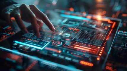 Obraz premium A person is touching a futuristic computer screen with glowing lights, AI