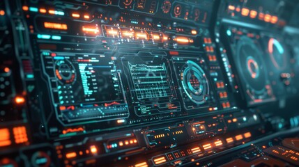 Obraz premium A close up of a computer screen with some glowing lights, AI