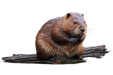 A wild beaver captured while chewing on wood, set against a transparent, png, white background