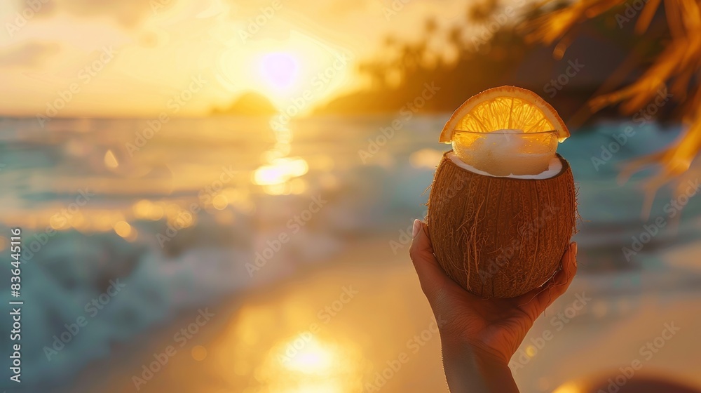 Canvas Prints A person holding a coconut with an orange slice in it, AI