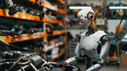 Fototapeta premium Robot Working on Machinery in Industrial Workshop