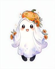 Happy Halloween kawaii watercolor ghost. Chibi ghost with pumpkin and flowers clipart. Generative AI