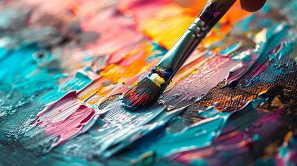 Obraz premium Painter creating a holographic masterpiece, Abstract, Bright and metallic colors, Digital art, Blending traditional art with futuristic elements