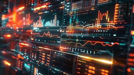 Obraz premium Stock market with digital interfaces and holograms, Futuristic, Bright and dark colors, Digital art, Showcasing advanced trading technology